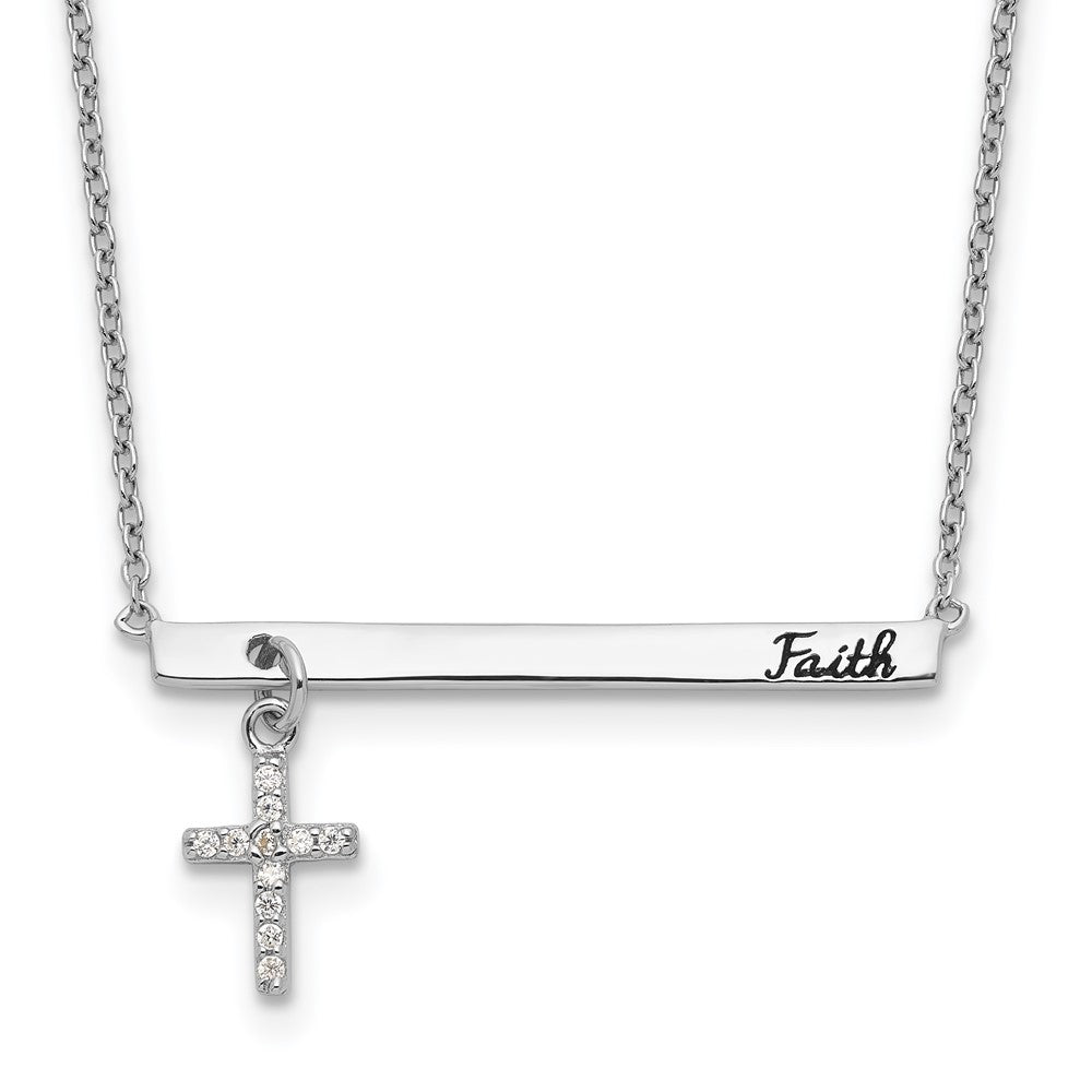 Sterling Silver Cubic Zirconia Cross Black Enamel FAITH Bar Necklace 16"