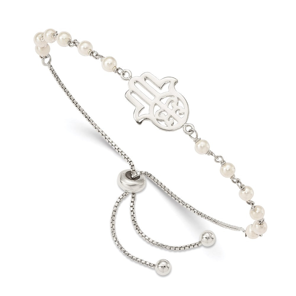 925 Sterling Silver Hamsa with Simulated Pearl Adjustable Bracelet