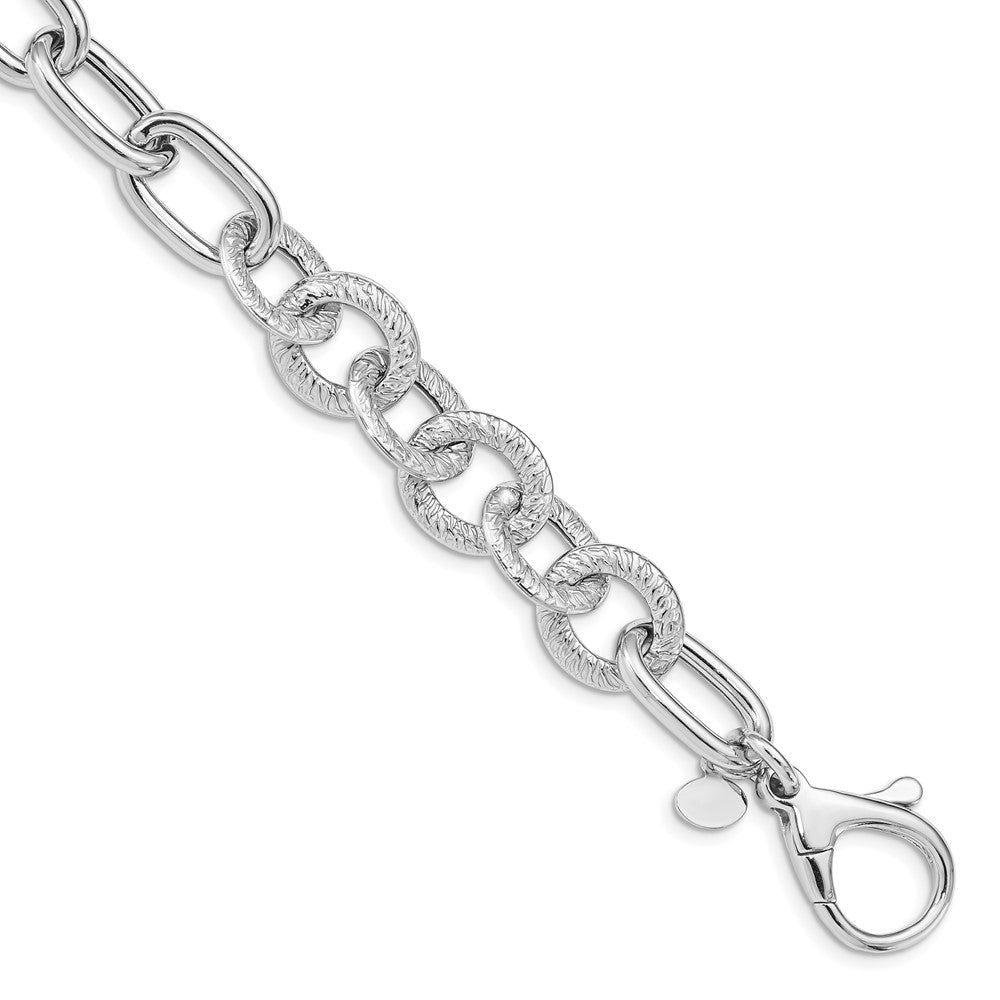 925 Sterling Silver 12.6mm Rhodium Plated Polished Textured Fancy Link Bracelet 8 inch