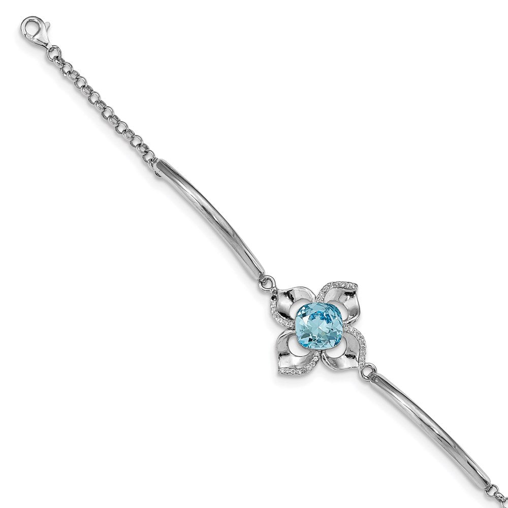 925 Sterling Silver 22.5mm Rhodium-plated Clear/Blue Crystal Flower Bracelet 7 inch