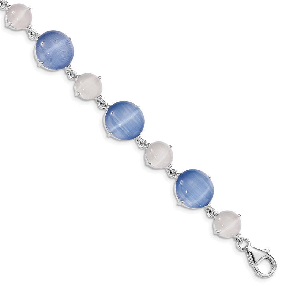 925 Sterling Silver 12.37mm Rhodium-plated Created Blue Cats Eye Bracelet 7 inch