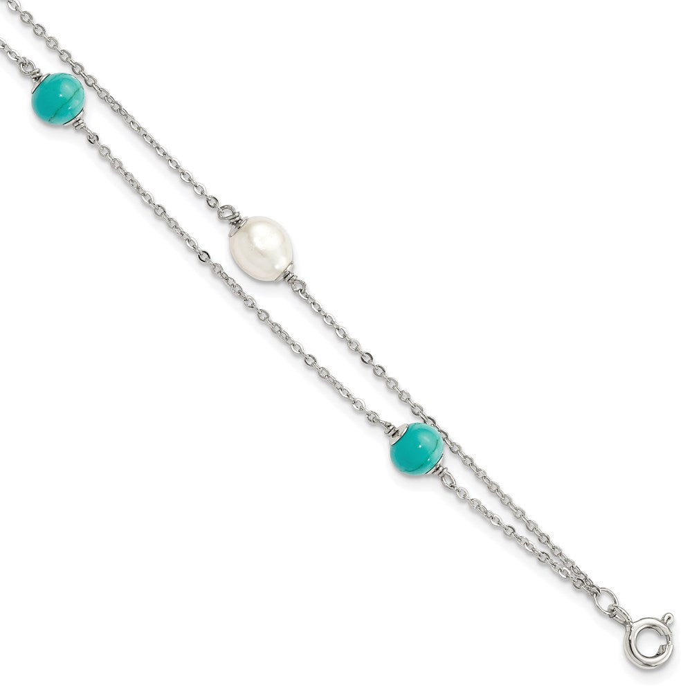 925 Sterling Silver Rhodium-plated Turquoise Freshwater Cultured Pearl 7 inch Bracelet