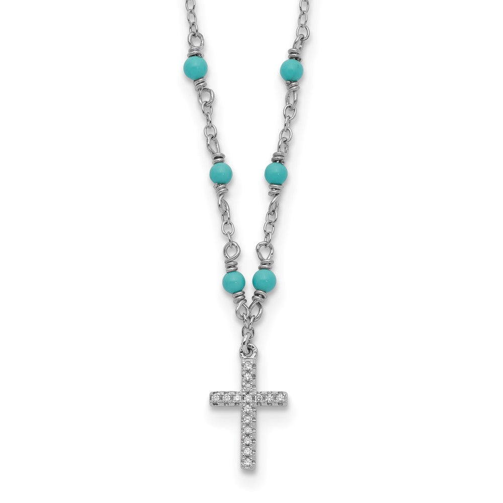 Sterling Silver Cubic Zirconia Cross Synth. Turquoise Necklace 16"