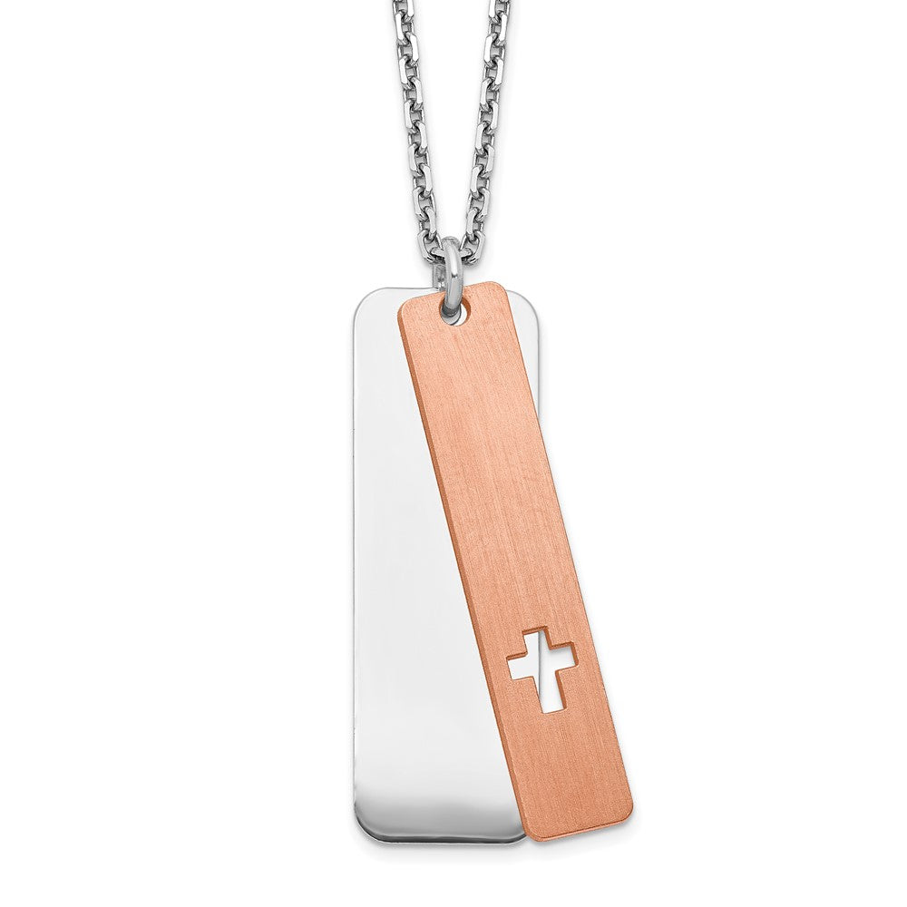 Sterling Silver Dogtag Rose-tone Cross Necklace 17"