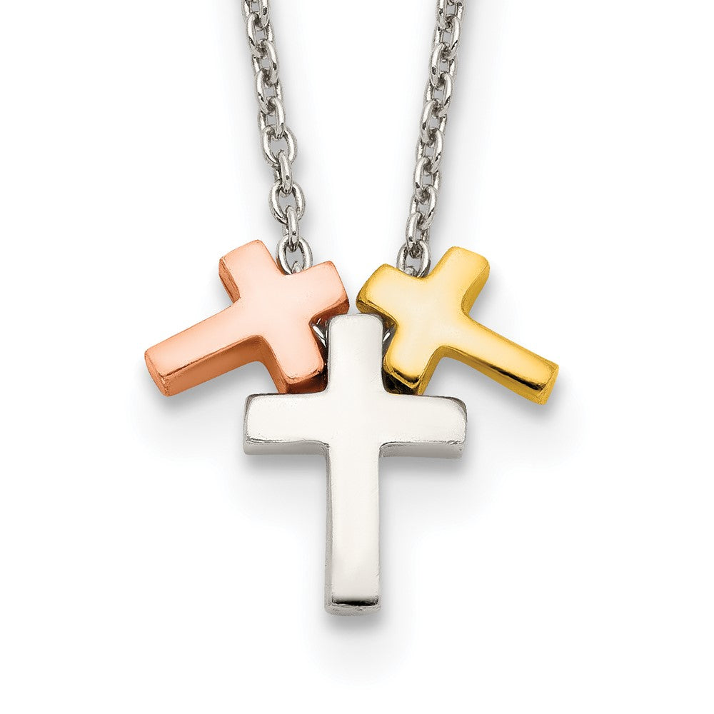 Sterling Silver Rose and Gold-tone 3-Cross Necklace 16"