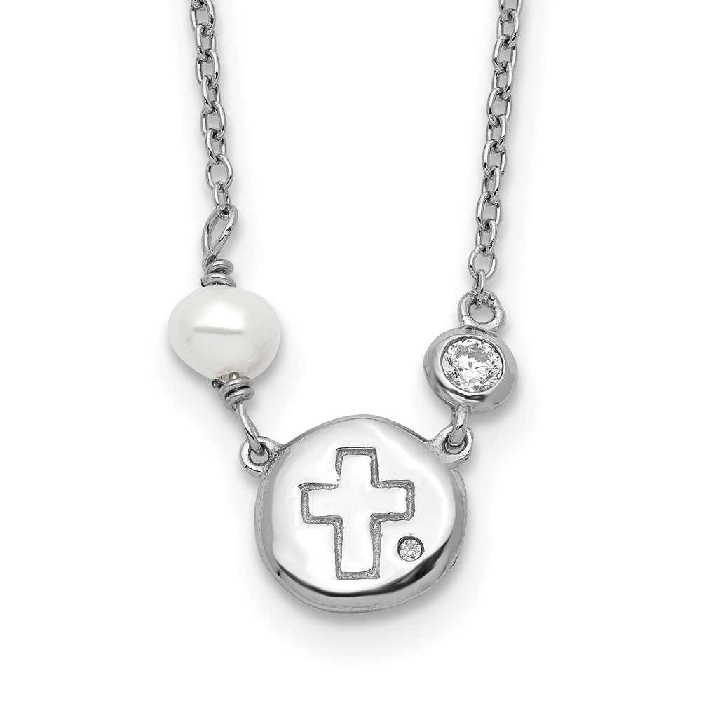Sterling Silver Cubic Zirconia & Cultured Pearl Cross Necklace 16"