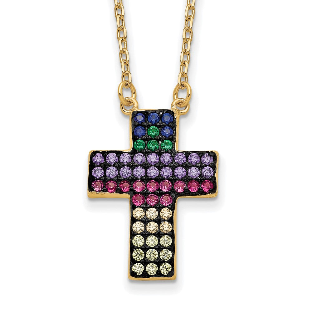 Sterling Silver Gold-tone 14K Flash Gold-plated Colorful Cubic Zirconia Cross Necklace 18"