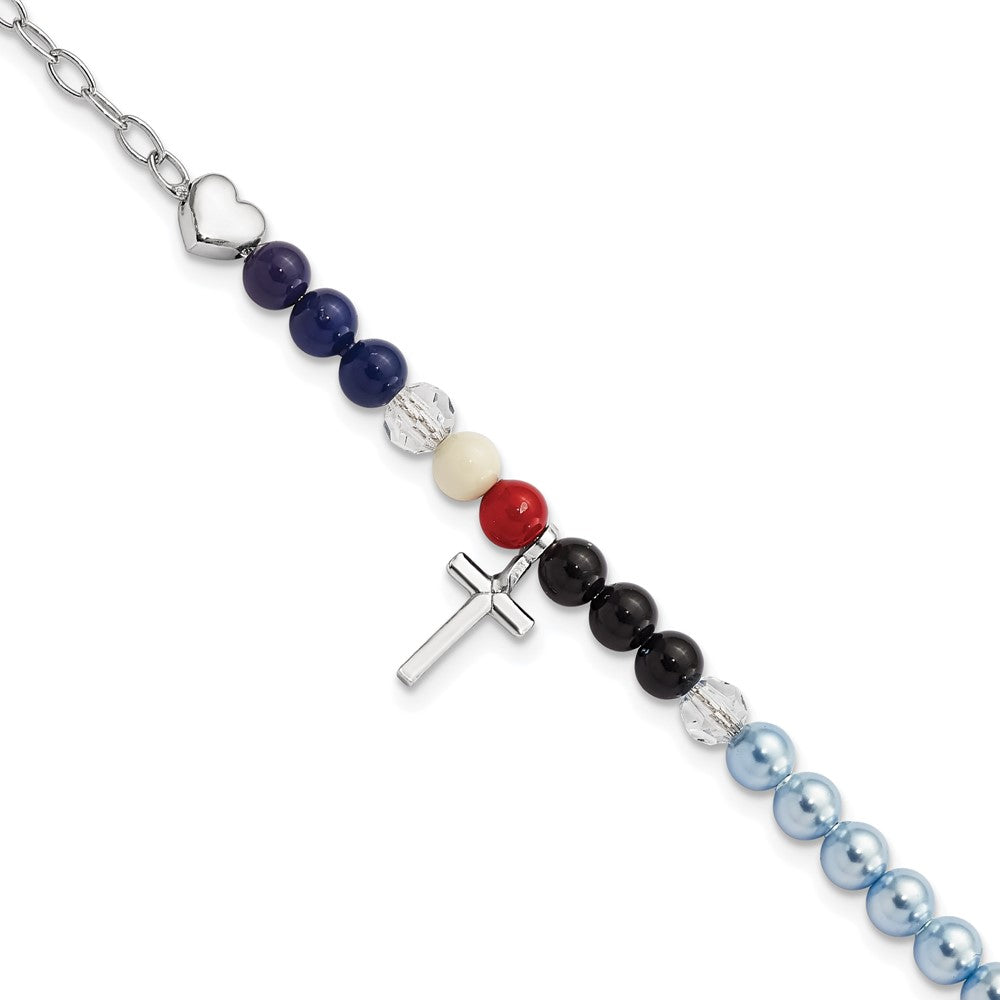 925 Sterling Silver Jesus' Story Multi Glass Pearl Onyx Agate Crystals Cross 6 Inch Fancy Lobster Clasp Bracelet with 2 inch Extender