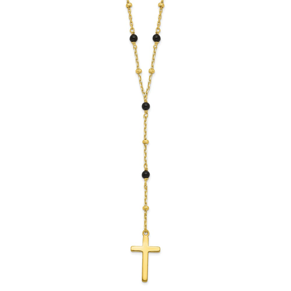 Sterling Silver Gold-tone Beaded Onyx Cross Necklace 18"
