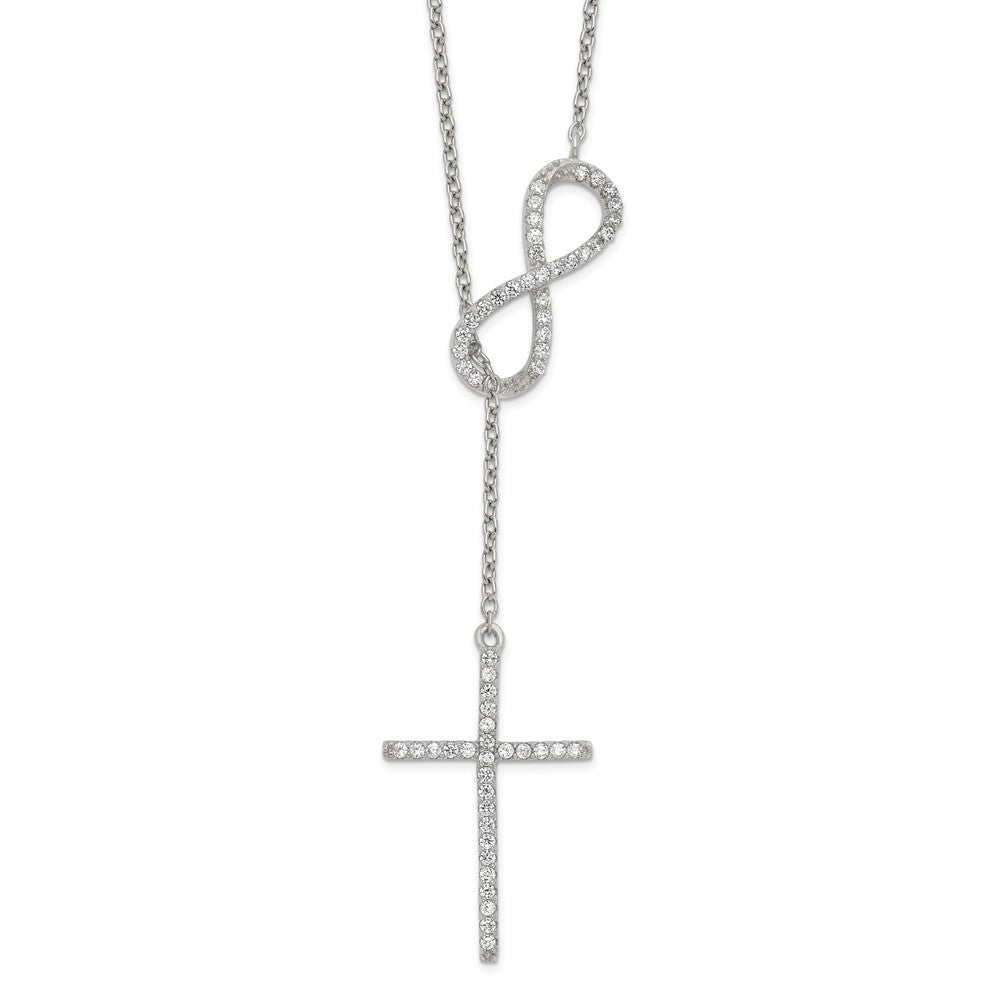 Sterling Silver Polished Rhodium Cubic Zirconia Cross Infinity Symbol Necklace 18"