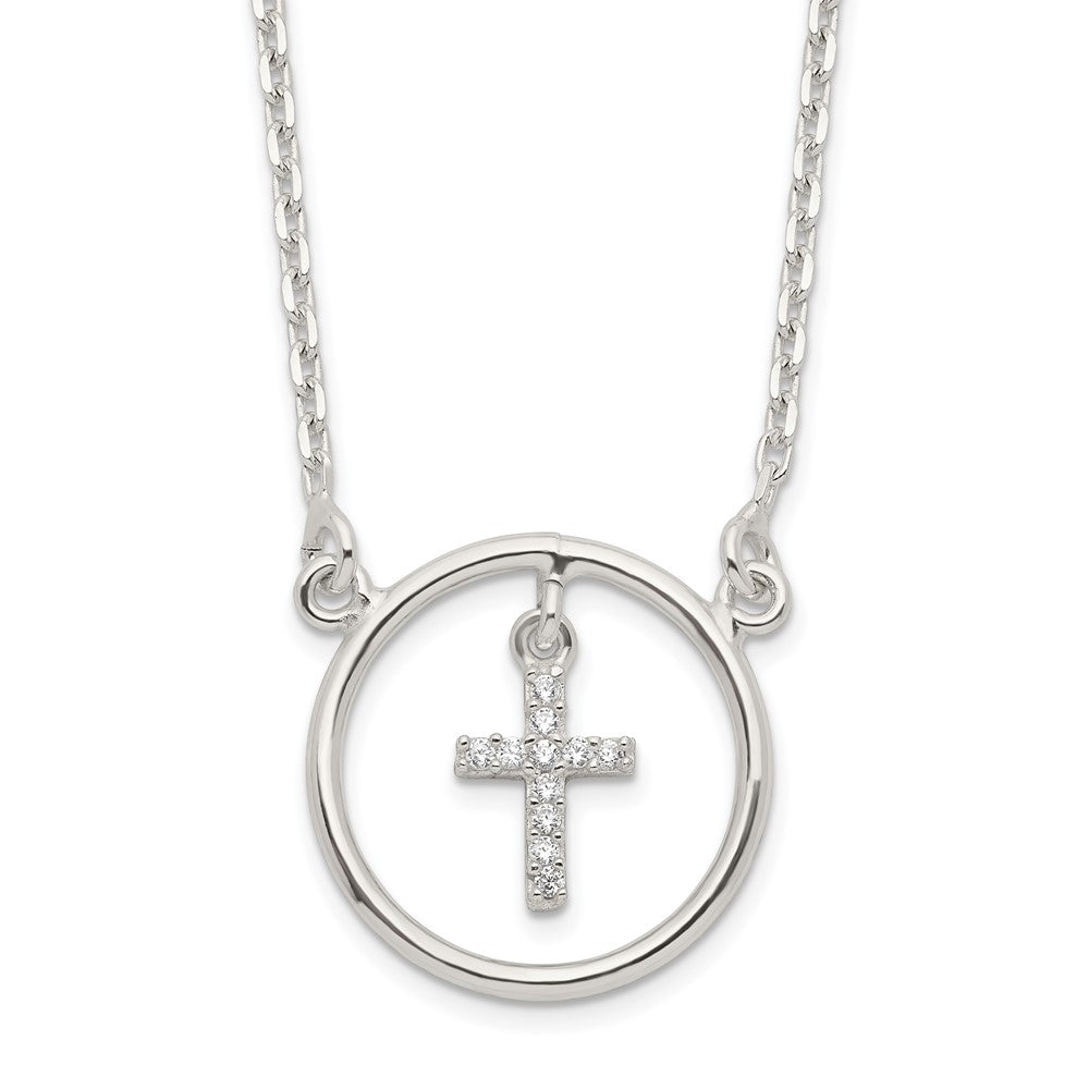 Sterling Silver Cubic Zirconia Cross in Circle Necklace 16"