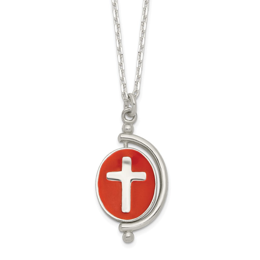 Sterling Silver Polished Reversible Enameled Faith Cross Necklace 18"