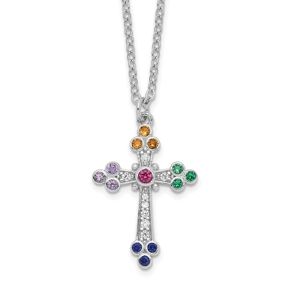 Sterling Silver Polished Multi-color Cubic Zirconia Cross Necklace 18"