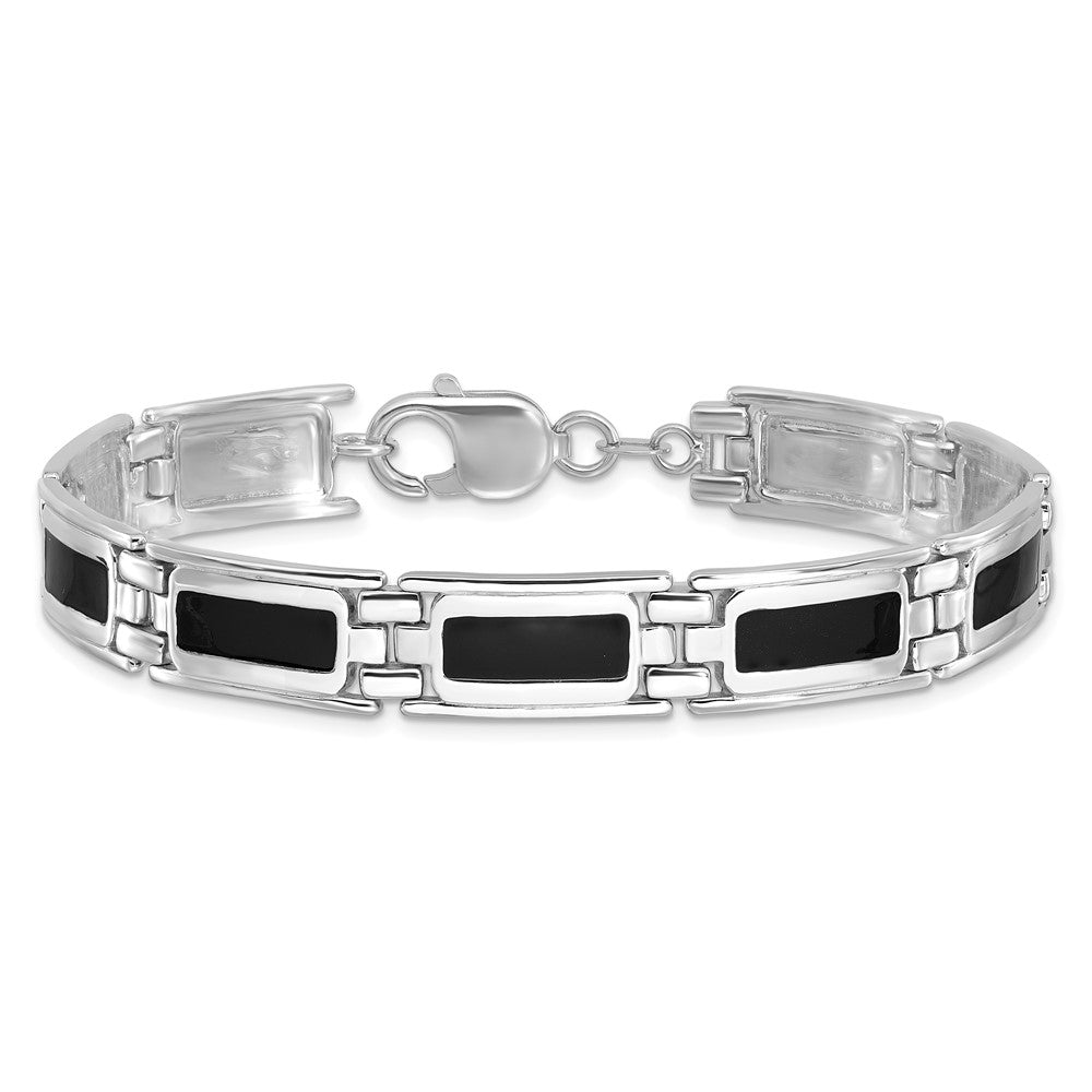 925 Sterling Silver 10.2mm Rhodium-plated Black Enamel Link Men's Bracelet 8 inch