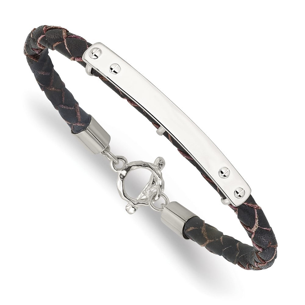 925 Sterling Silver 6.3mm Genuine Leather ID Toggle Bracelet 8 inch