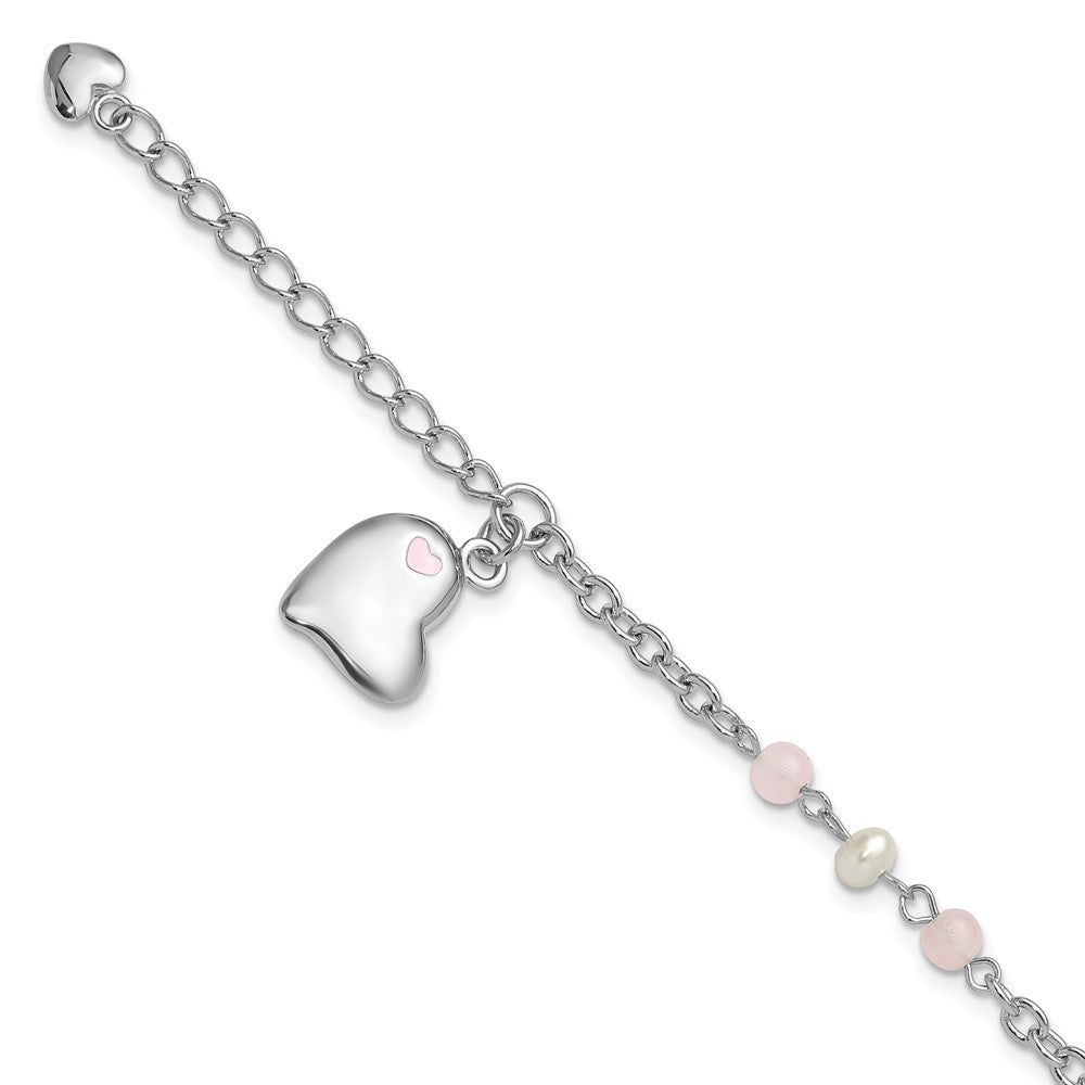 925 Sterling Silver Rhodium-plated Crystal Freshwater Cultured Pearl Enamel Dangle Heart 7 inch Bracelet
