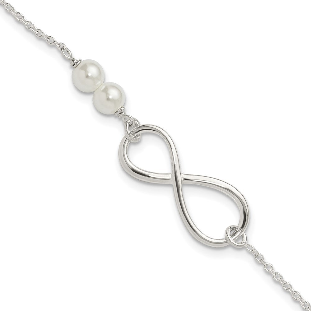 925 Sterling Silver Polished Simulated Pearls and Infinity Bracelet 8 Inch