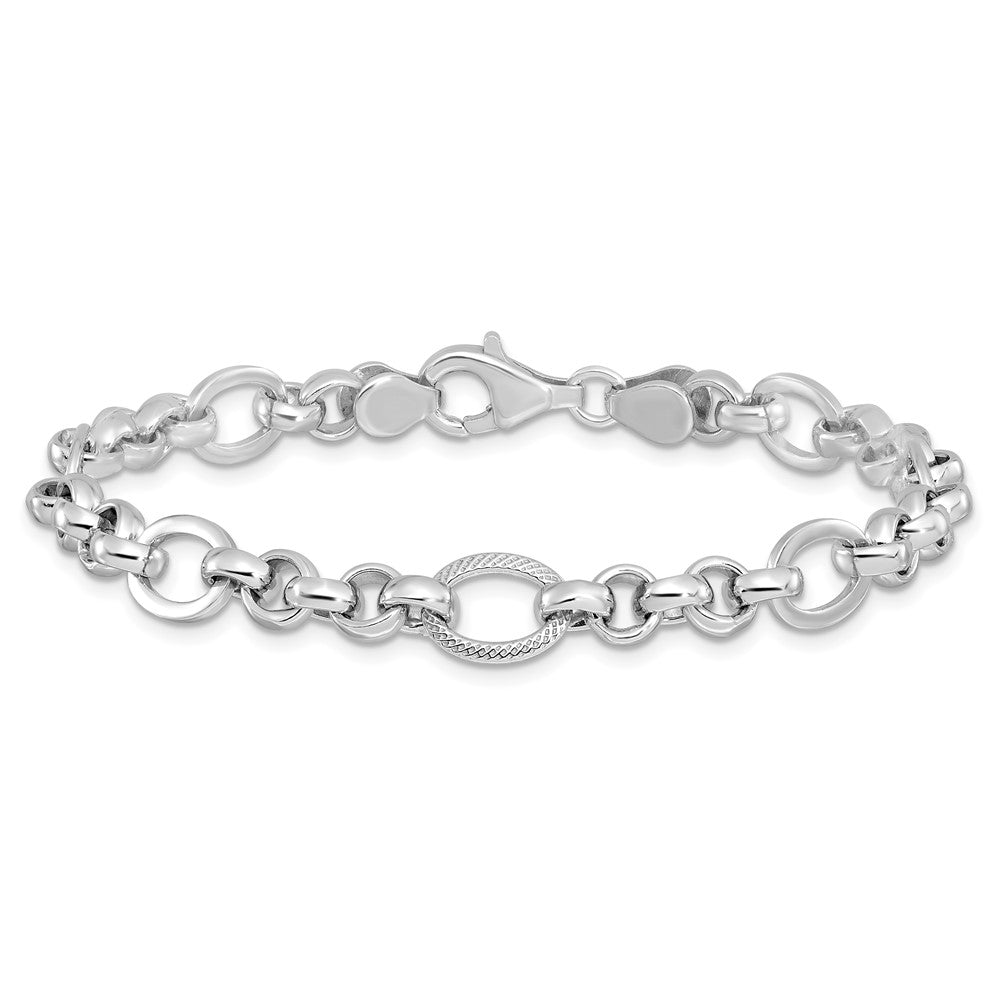925 Sterling Silver 7.5mm Rhodium-plated Polished/Textured Fancy Link Bracelet 7.5 inch