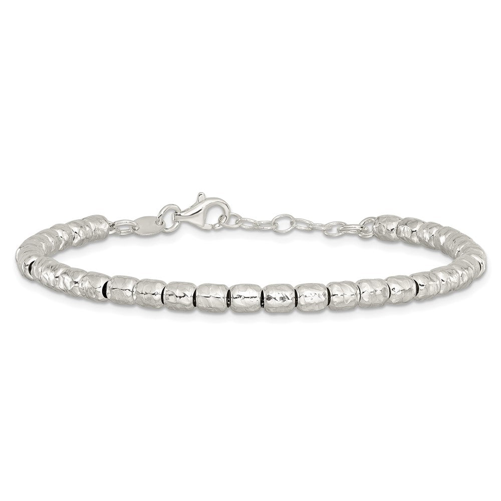 925 Sterling Silver 4mm Rhodium-plated Polish/Hamm ered Beaded Bracelet 8 inch