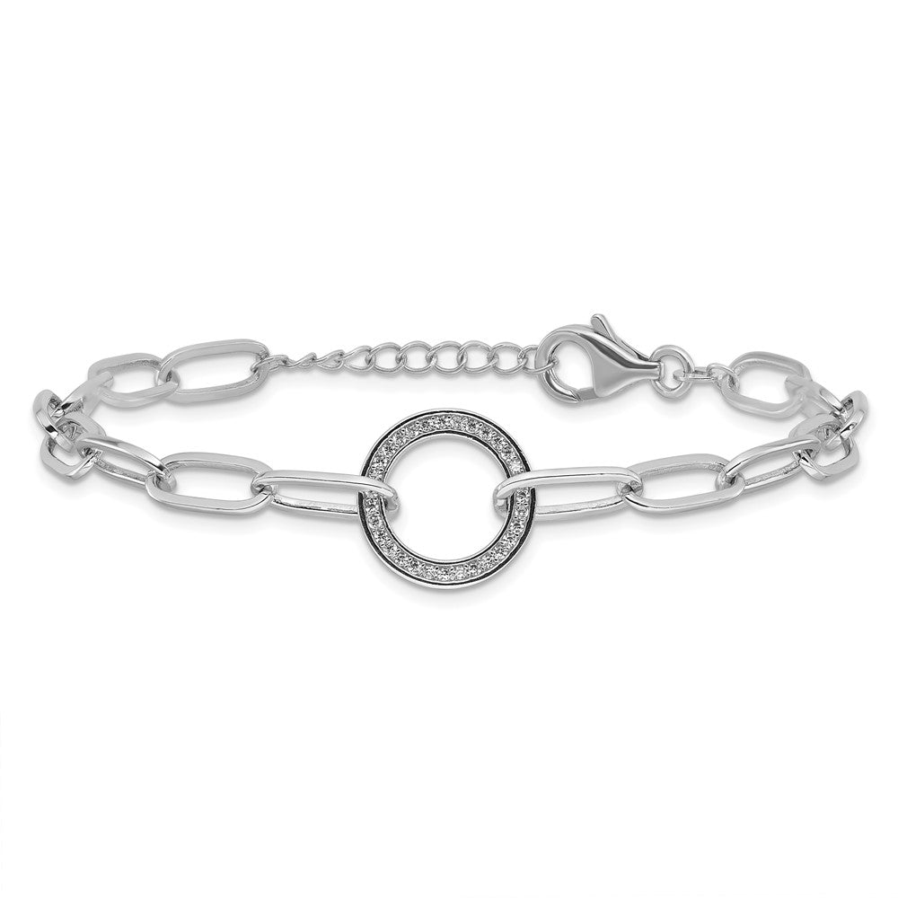 925 Sterling Silver 5.25mm Rhodium-plated Paperclip Cubic Zirconia Circle Bracelet 8 inch