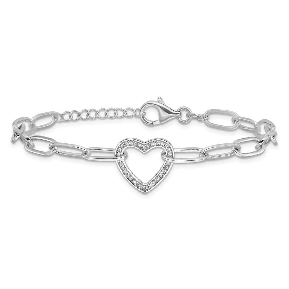 925 Sterling Silver 5.25mm Rhodium-plated Paperclip Cubic Zirconia Heart Bracelet 8 inch