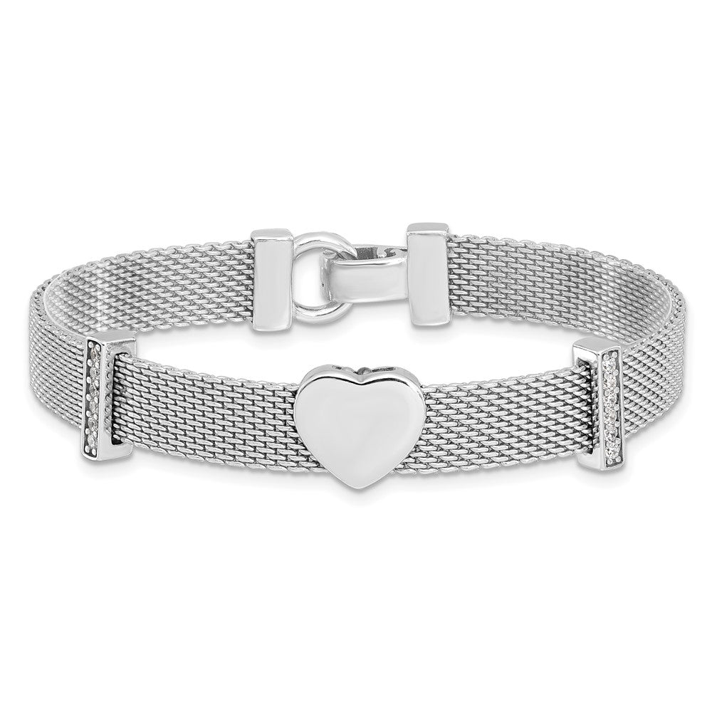 925 Sterling Silver 5.25mm Rhodium-plated Mesh Cubic Zirconia Heart 6.75in Bracelet 8 inch