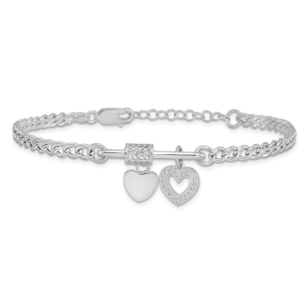 925 Sterling Silver Rhodium-plated Cubic Zirconia Heart Moveable 7in Bracelet 8 inch