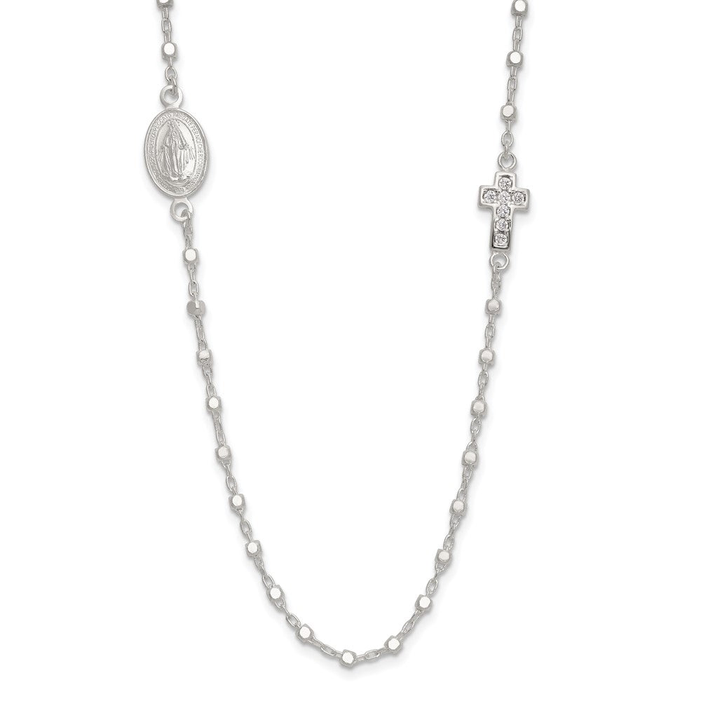 Sterling Silver Polished with Cubic Zirconia Cross and Miraculous Medal Necklace 18"
