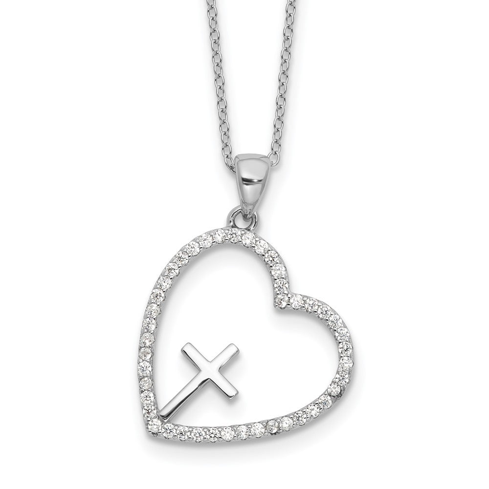 Sterling Silver Cubic Zirconia Open Heart with Cross Necklace 18"