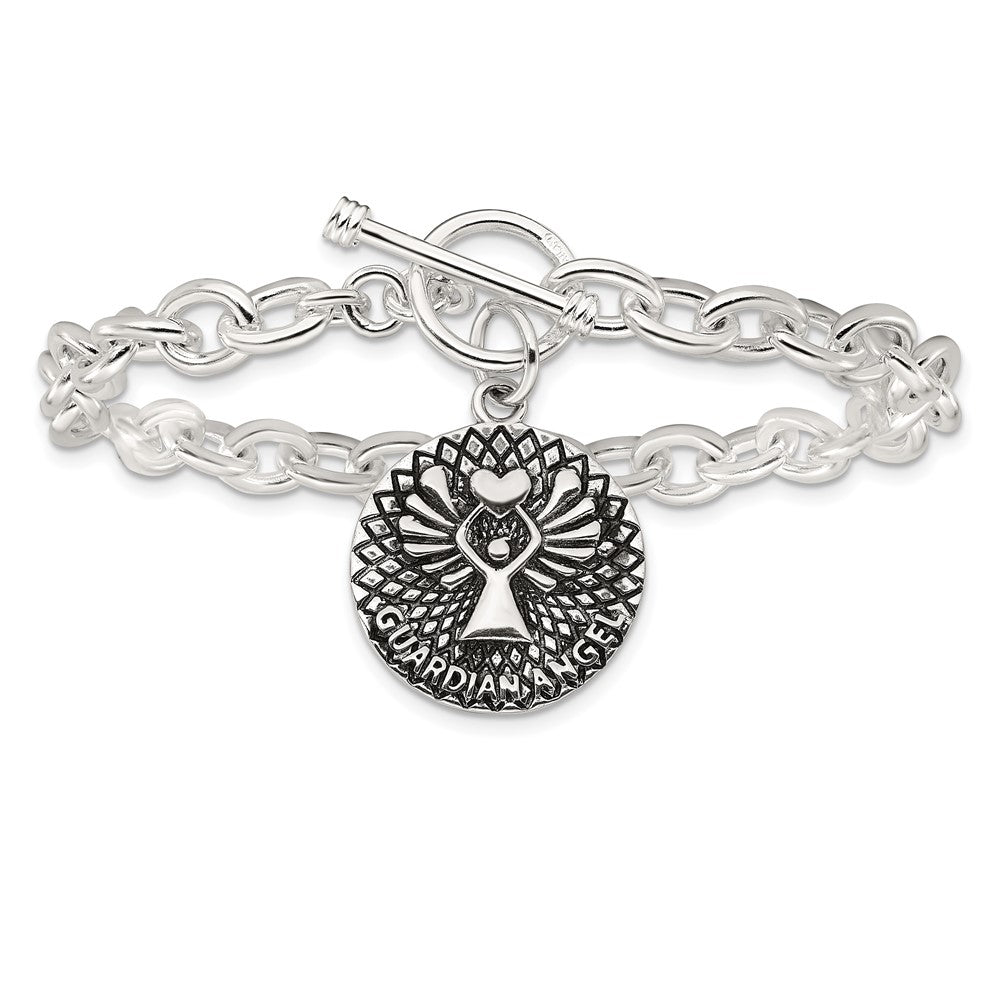 925 Sterling Silver 6.6mm Oxidized Dangle GUARDIAN ANGEL Toggle Clasp Bracelet 7.5 inch