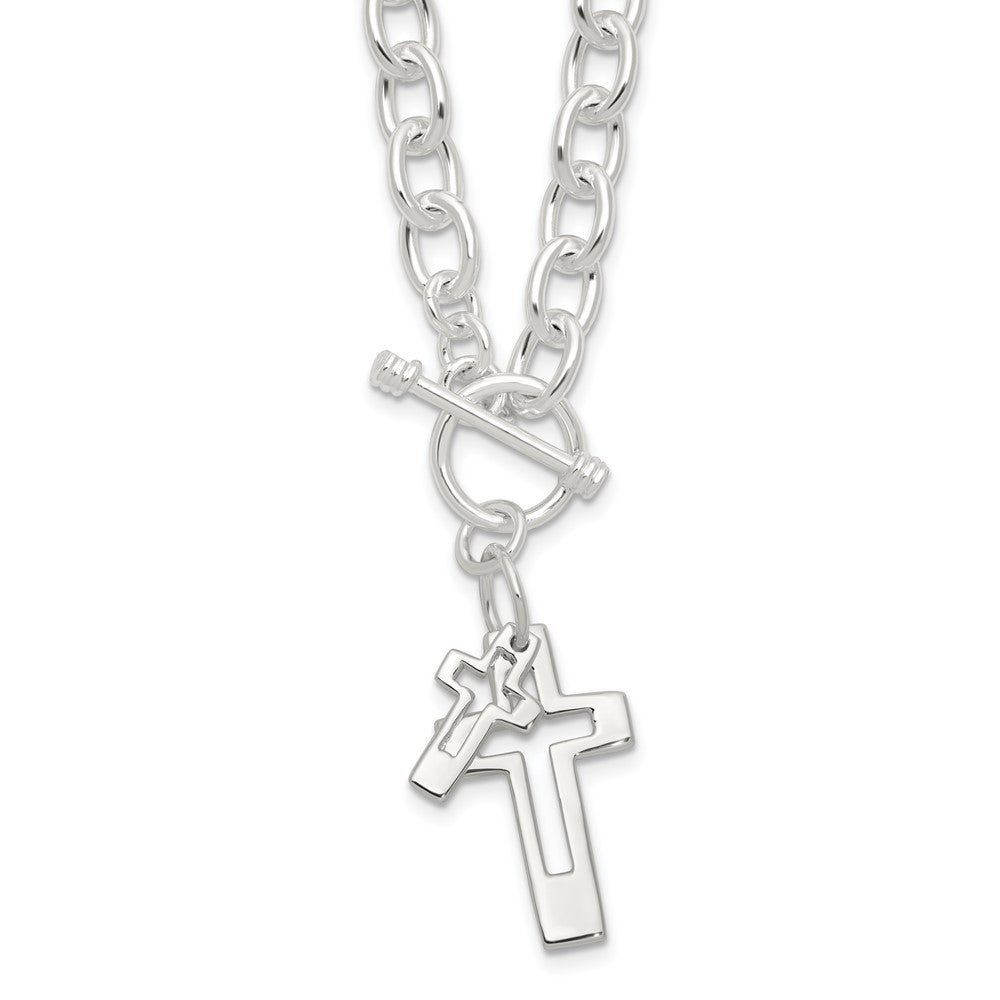 Sterling Silver E-Coated Double Open Cross Toggle Necklace 18"