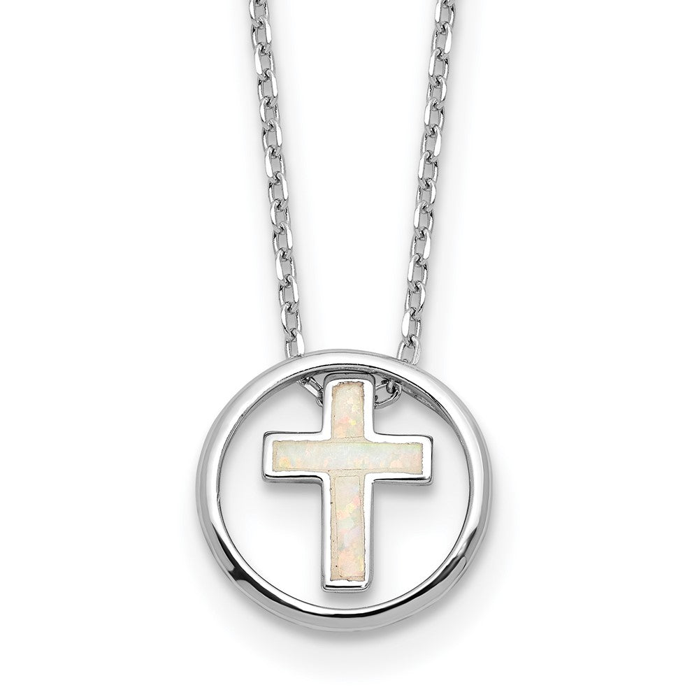 Sterling Silver Created Opal Inlay Cross Necklace 18"