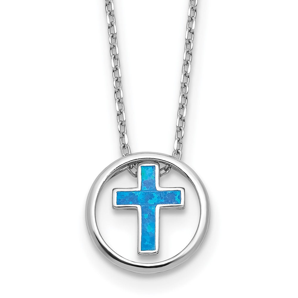 Sterling Silver Blue Cr. Opal Inlay Cross Necklace 18"