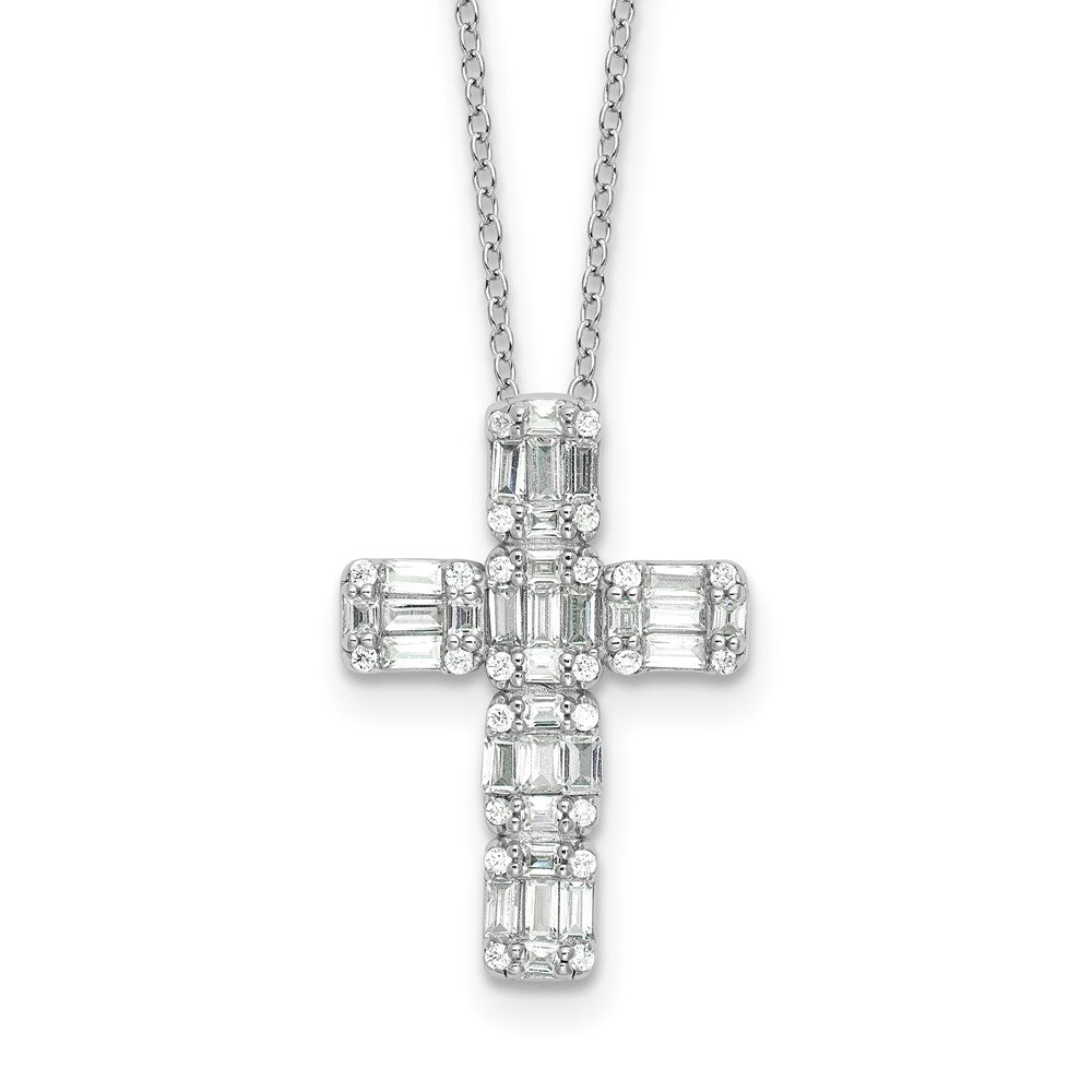 Sterling Silver Baguette Cubic Zirconia Cross Necklace 18"