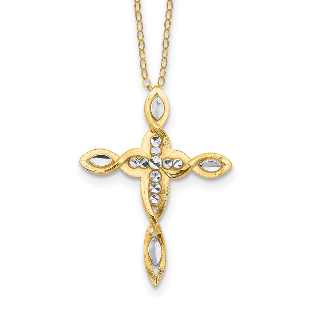 Sterling Silver Gold-tone Rhodium Fancy Diamond-Cut Cross Necklace 18"