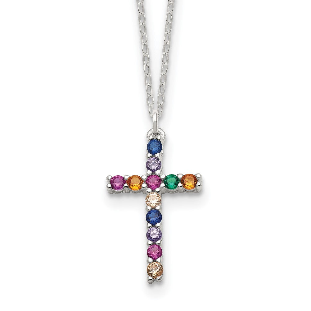 Sterling Silver Multi Color E-Coating Cubic Zirconia Cross Necklace 18"