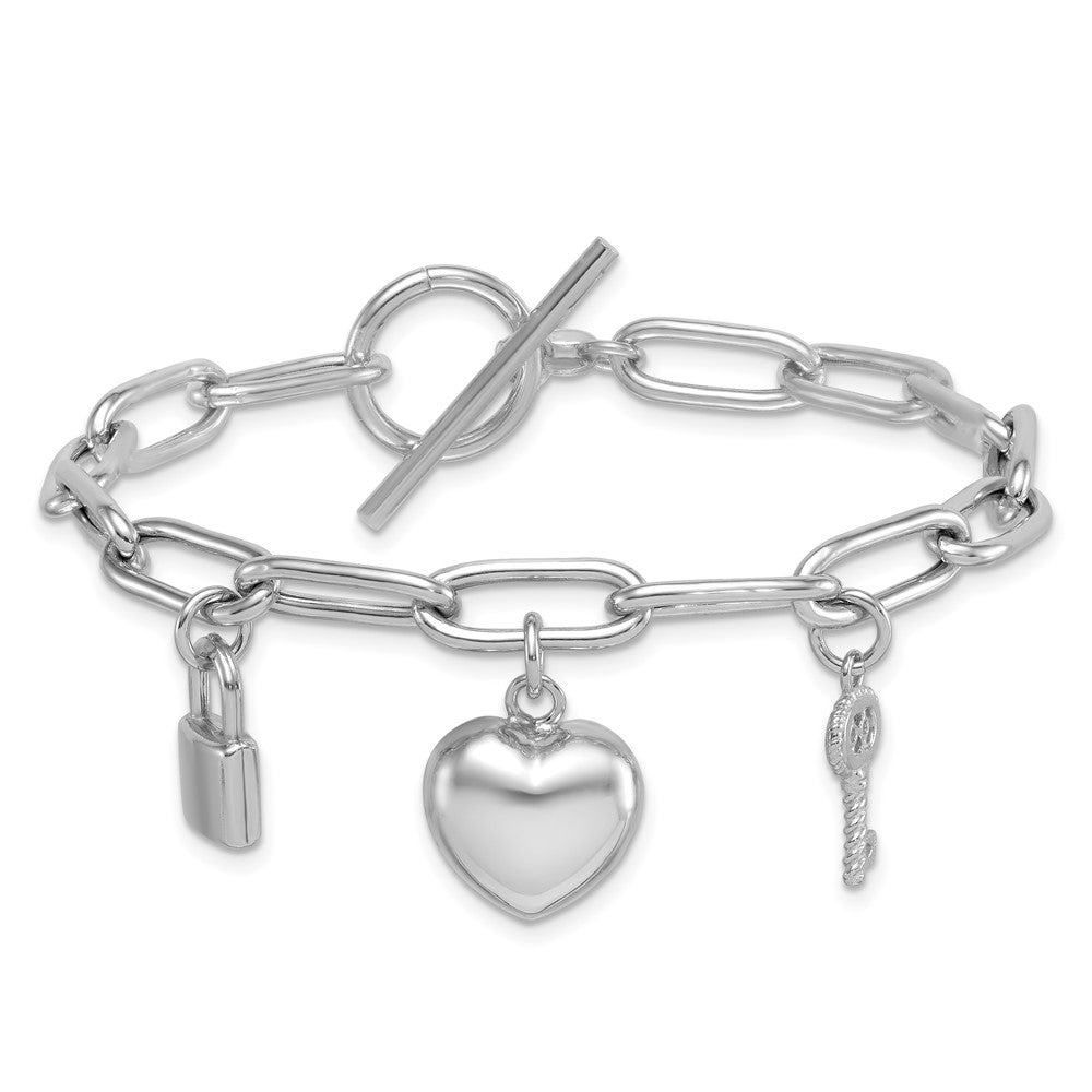 925 Sterling Silver 13.3mm Rhodium-plated Heart Lock and Key with Cubic Zirconia Paperclip Chain Toggle Bracelet 7.5 inch