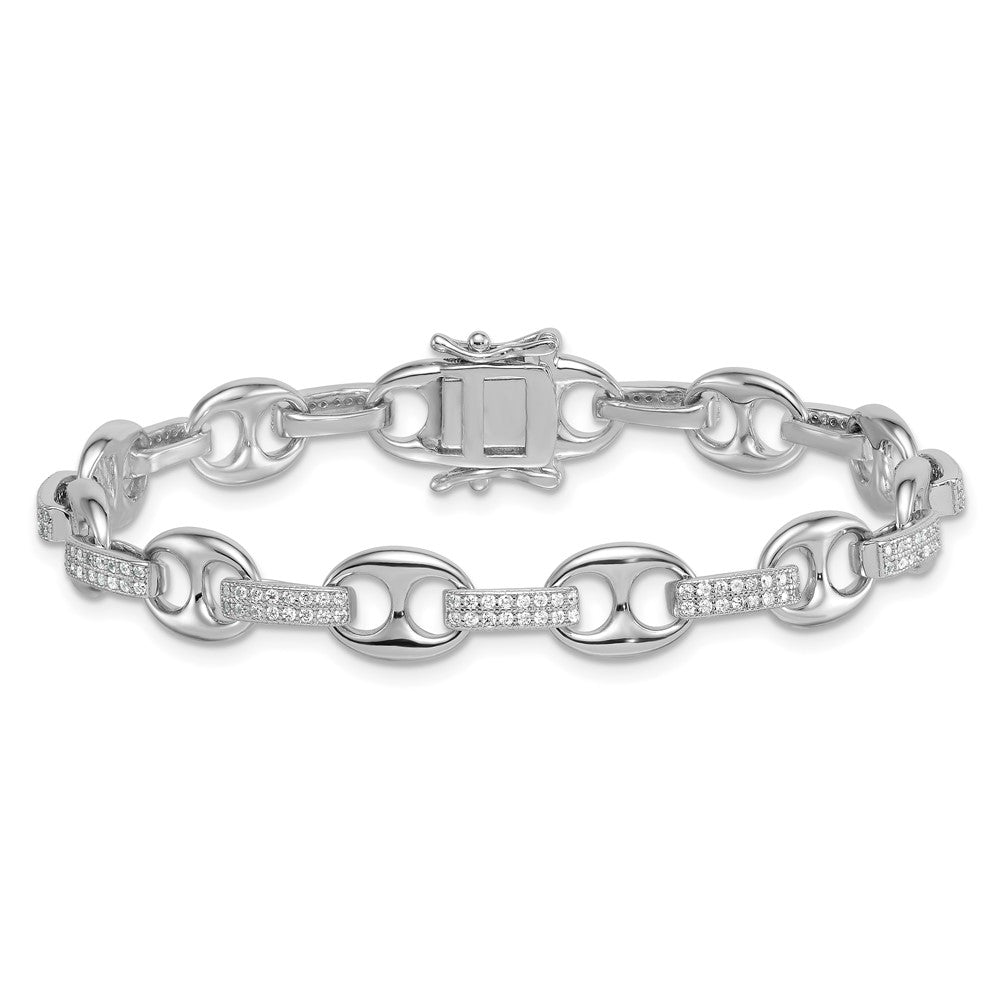 925 Sterling Silver 8mm Rhodium-plated Polished Cubic Zirconia Oval and Mariner Link Bracelet 7 inch