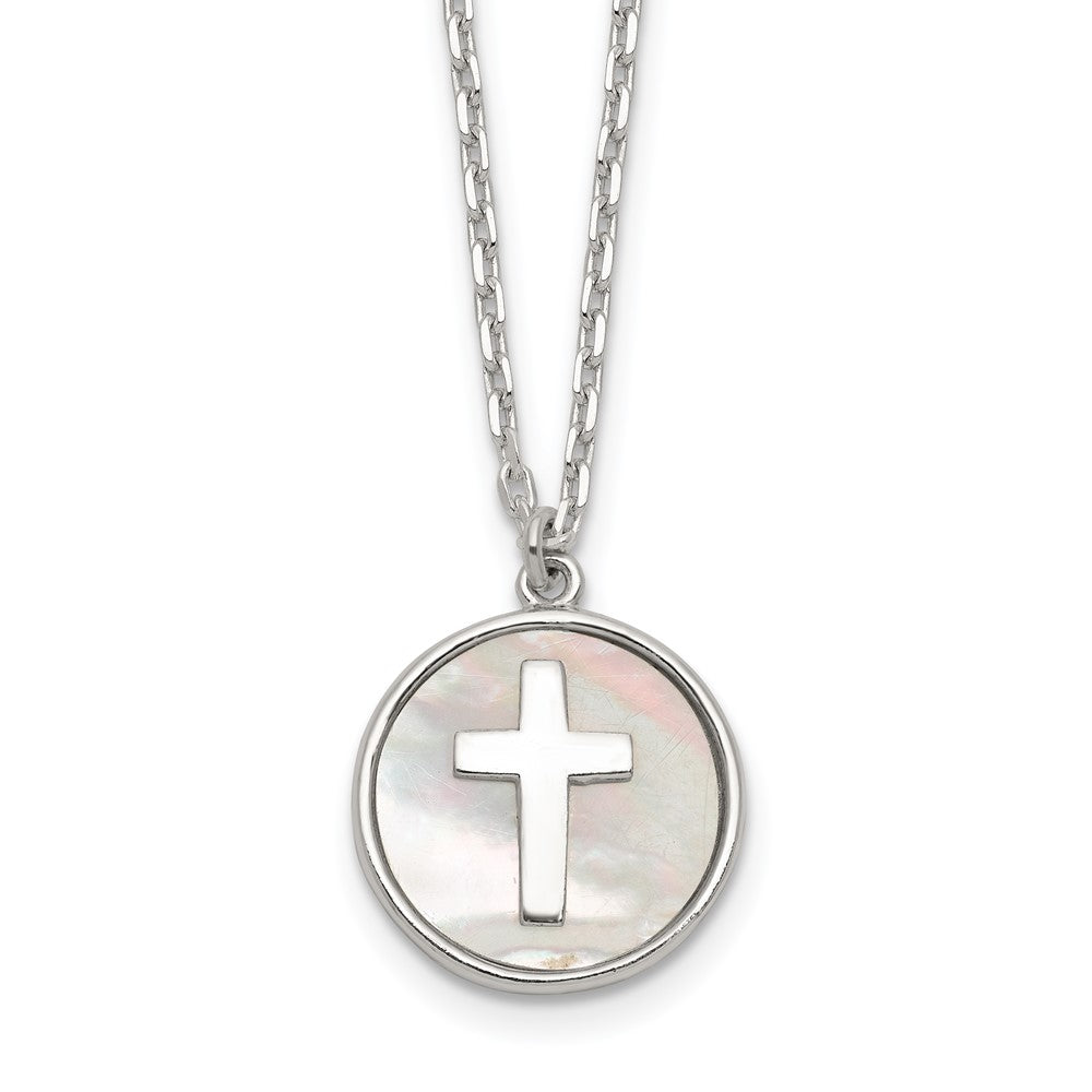 Sterling Silver Polished Mother Of Pearl Circle with Cross Necklace 16"