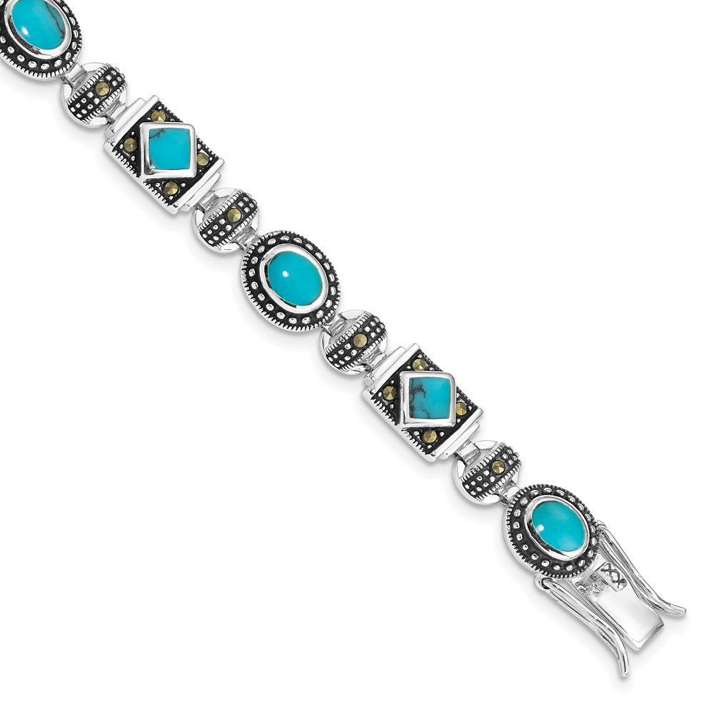 925 Sterling Silver Rhodium-plated Synth Turquoise and Marcasite Bracelet 7 inch