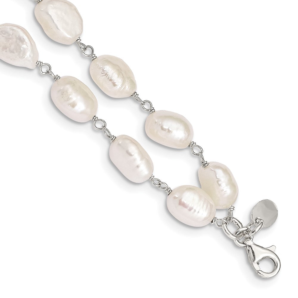 925 Sterling Silver 2-Strand White Baroque Freshwater Cultured Pearl 8.5 inch Bracelet