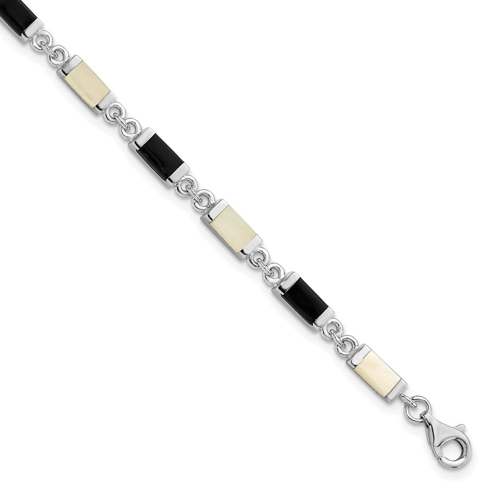 925 Sterling Silver Rhodium-plated 7in Onyx/Mother Of Pearl 7 inch Bracelet