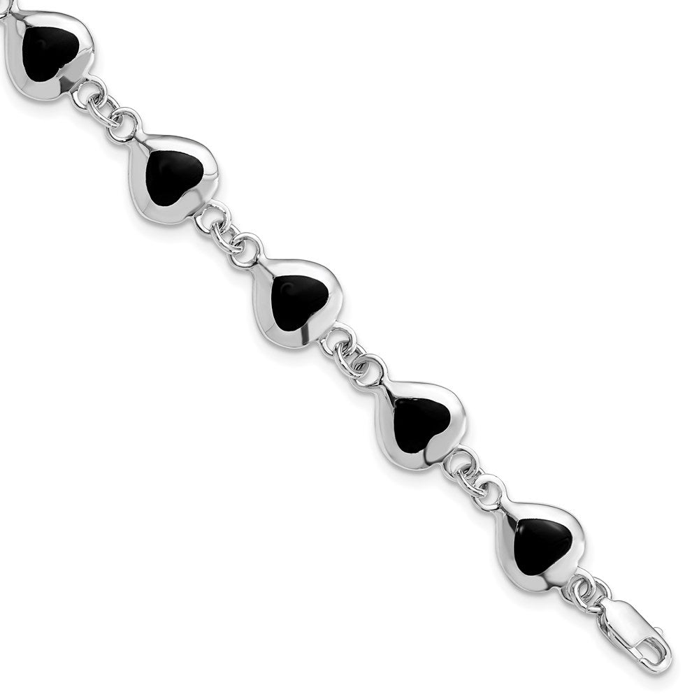 925 Sterling Silver Rhodium-plated Fancy Polished Heart Onyx Bracelet 7 inch