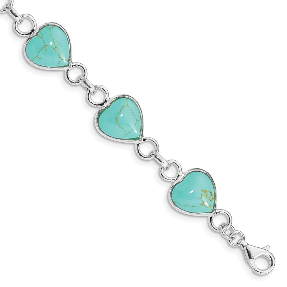 925 Sterling Silver Rhodium-plated Heart-shaped Turquoise Bracelet 7 inch