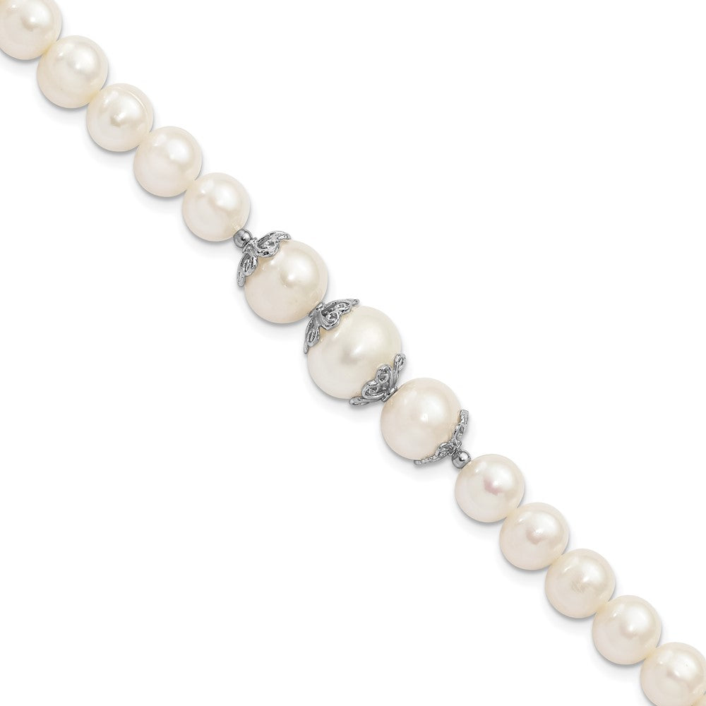925 Sterling Silver Rhodium-plated 7-10mm White Near-Round Freshwater Cultured Pearl Fancy 7 inch Bracelet