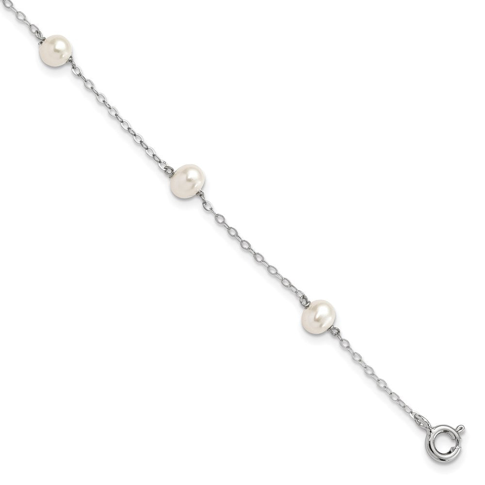 925 Sterling Silver Rhodium-plated 4-5mm White Semi-Round Freshwater Cultured Pearl 5-Station 7 inch Bracelet