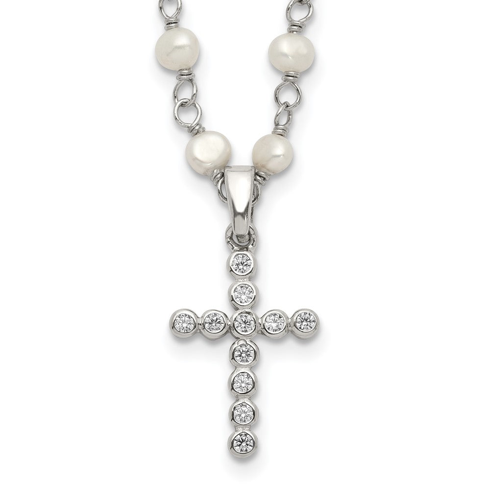 Sterling Silver 4-5mm White Freshwater Cultured Pearl and Cubic Zirconia Cross Necklace 18"
