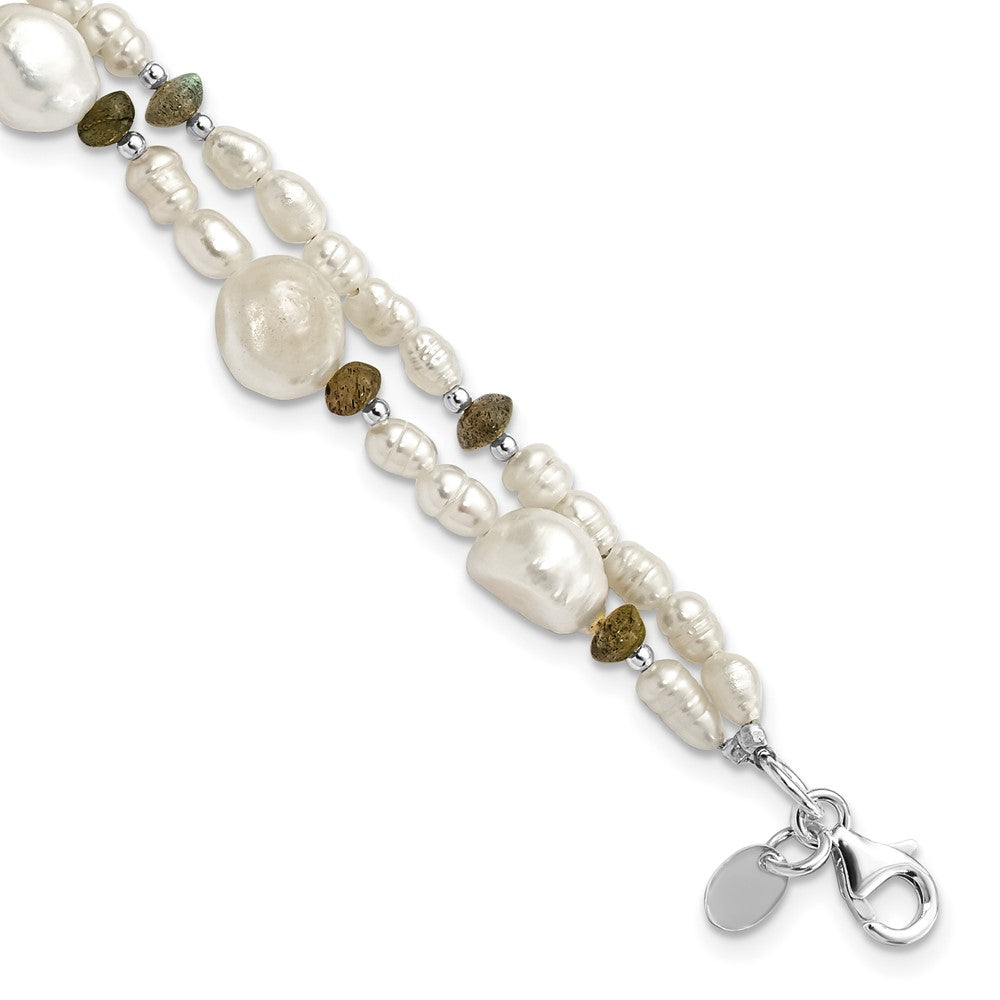 925 Sterling Silver Labradorite and Freshwater Cultured Pearl 2-Strand 6 Inch Bracelet