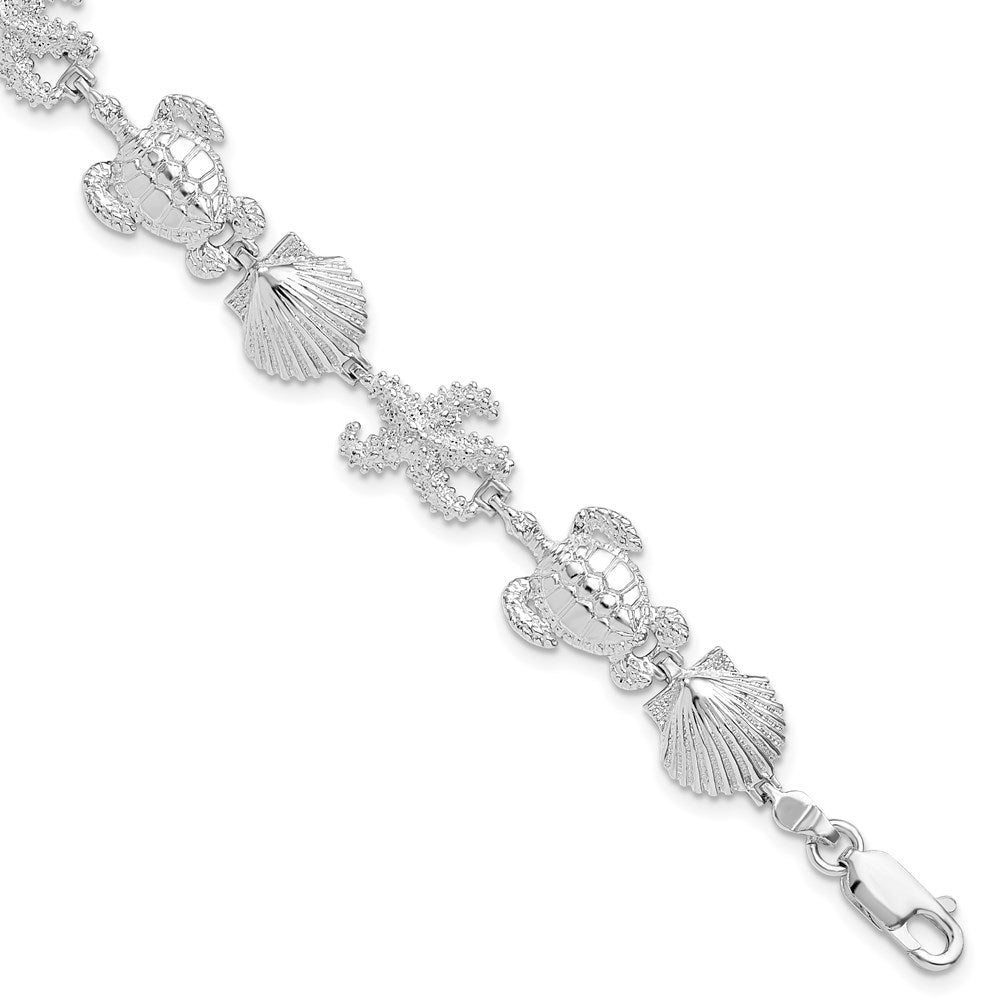 925 Sterling Silver Rhodium-plated Polished Turtle / Shell / Starfish Bracelet 7.5 inch