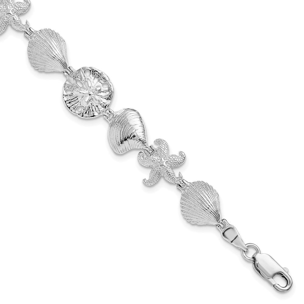 925 Sterling Silver Rhodium-plated Polished Starfish / Shells / Sand Dollar Bracelet 7 inch